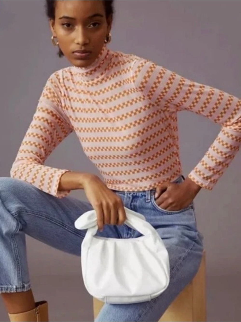Anthropologie Maeve Peach-Pink Check Mock Neck Top Size Medium